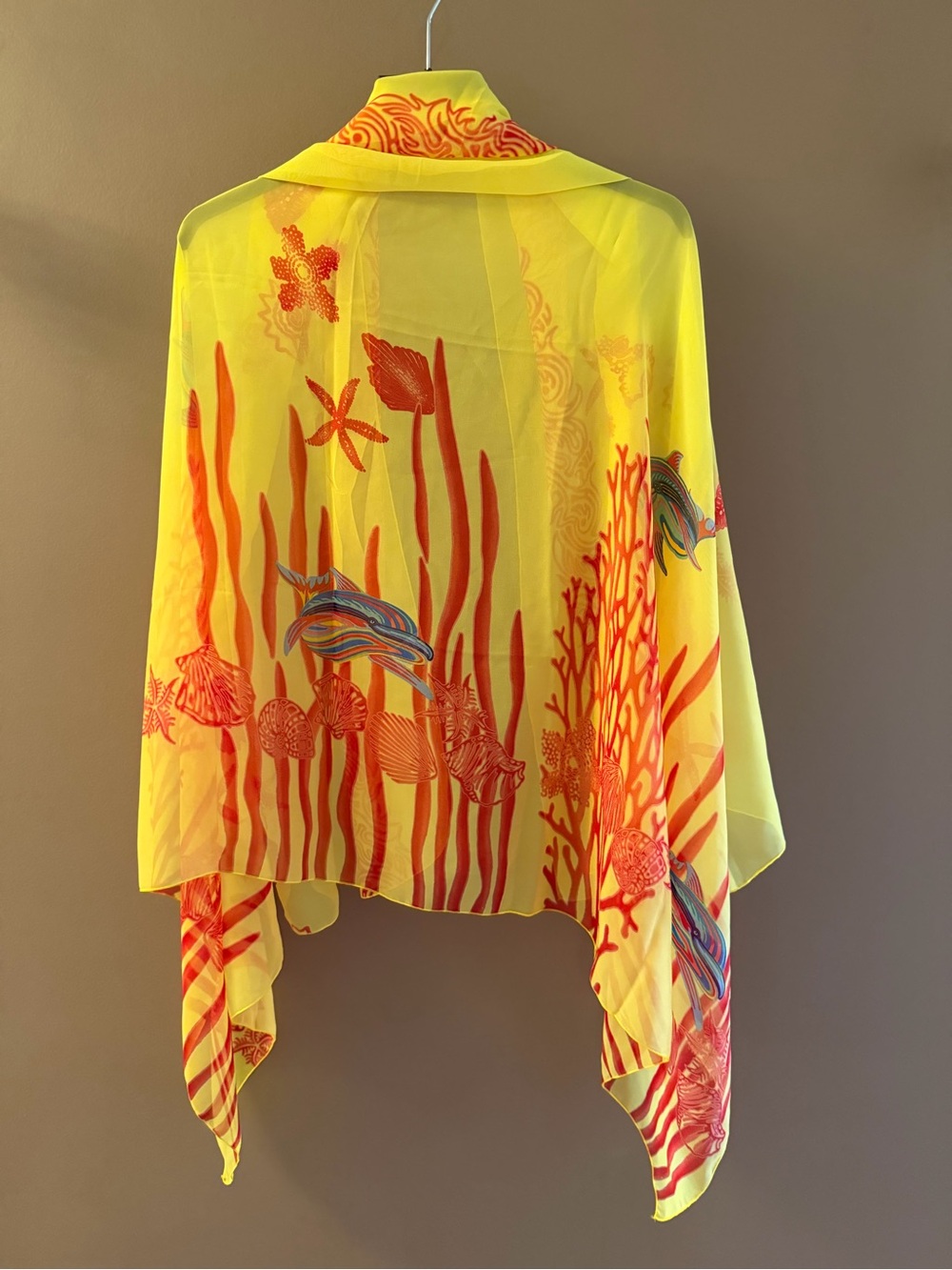 Tropical 🏝️ Yellow & Red Sheer Ocean-Print Sarong wrap w/ Coral & Dolphin Motif
